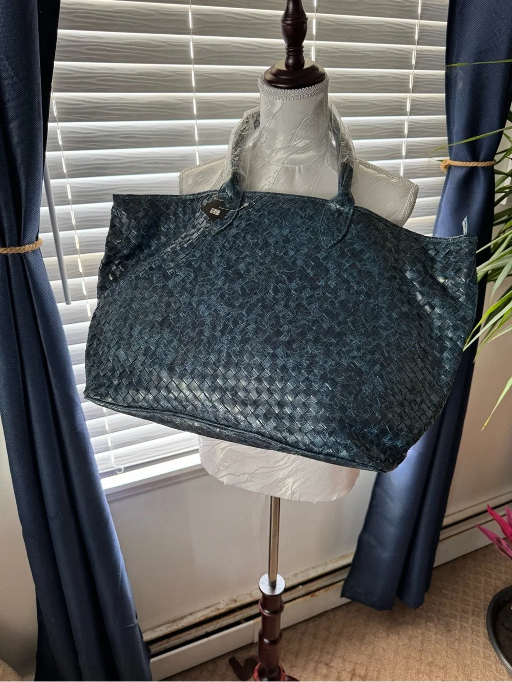 Woven Blue Leather Tote Bag - Women